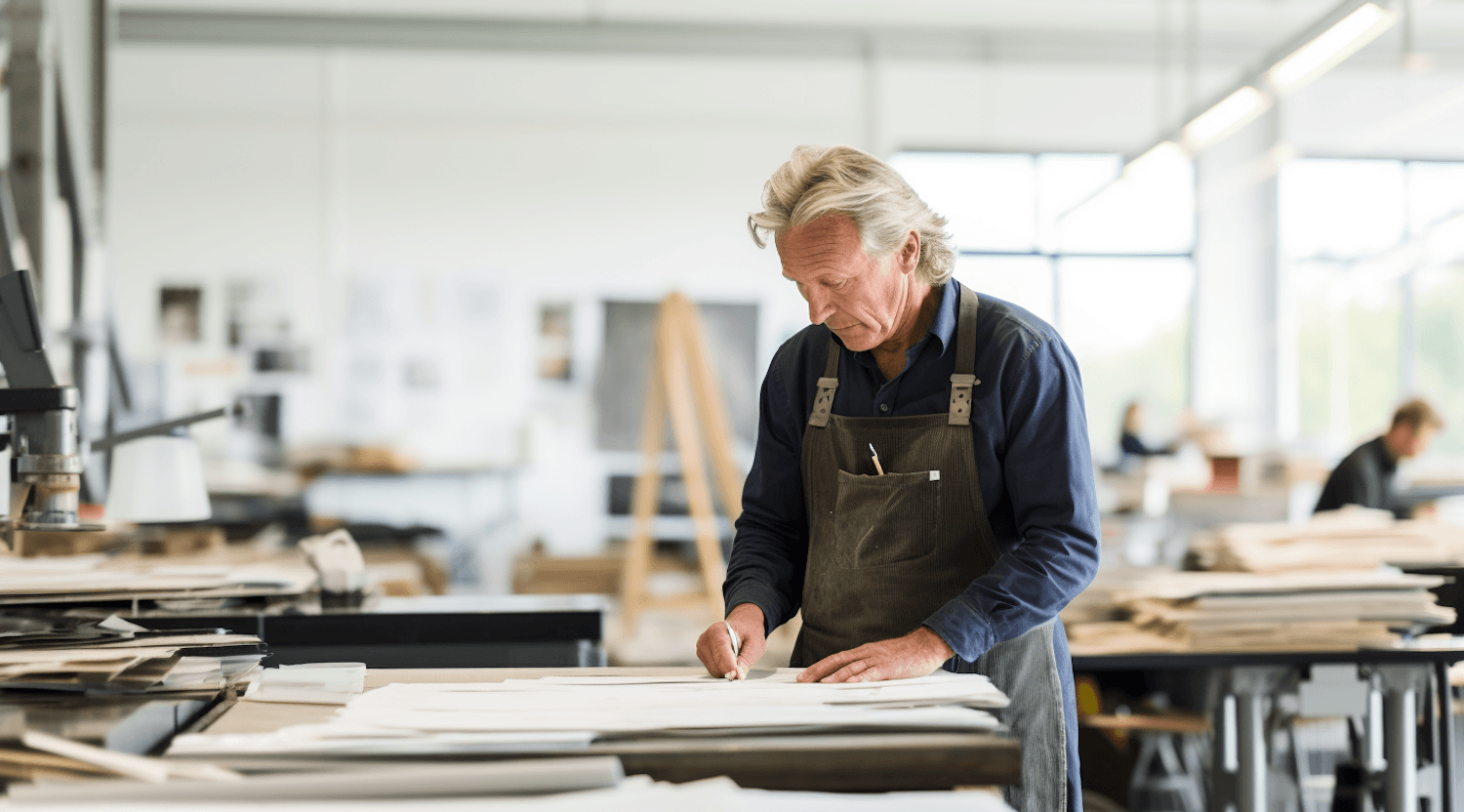 A business owner reviewing drawings at a workbench in a bright studio