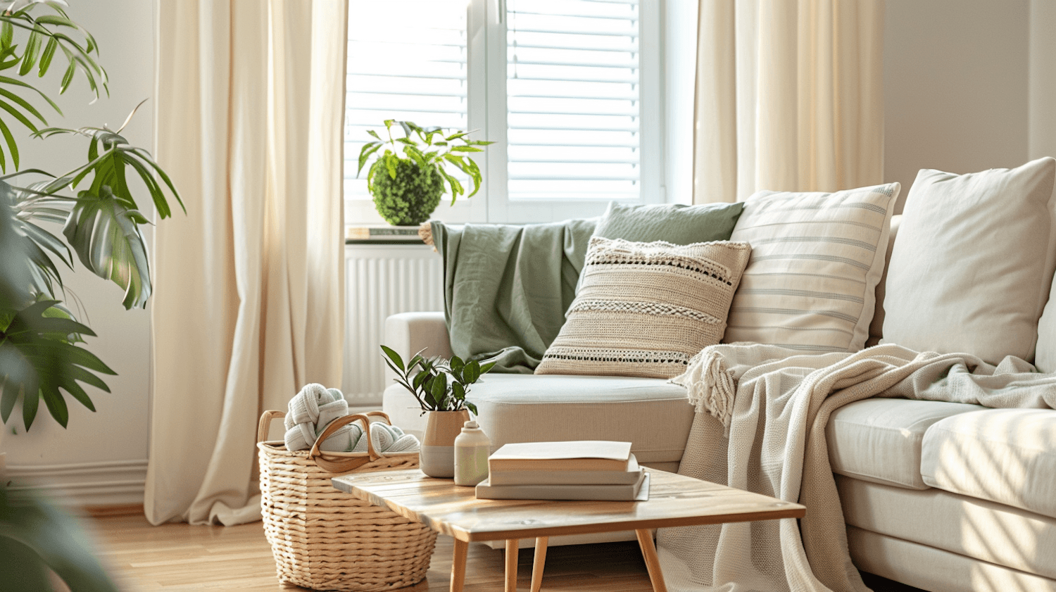 A calm living room with a linen sofa, books and plants in soft morning light