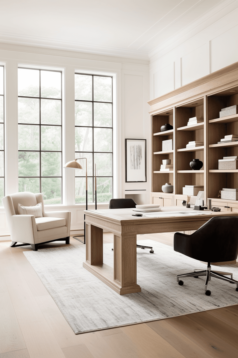 A quiet, light-filled office with a wooden desk, an armchair and tall windows onto trees